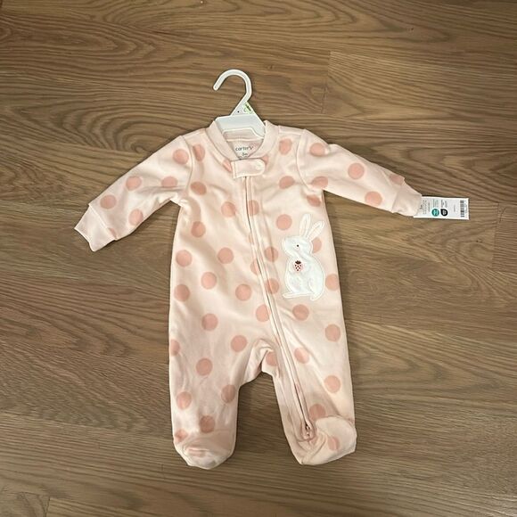NWT Carters micro fleece pink polka dot footie pajamas 3M - Picture 1 of 3